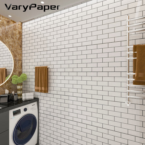 VaryPaper White Brick Wallpaper 15.7''x118'' Peel and Stick Brick Contact Paper Self Adhesive Removable Black and White Brick Wall Paper Waterproof Vinyl Film for Bathroom Cabinet Liner Countertop